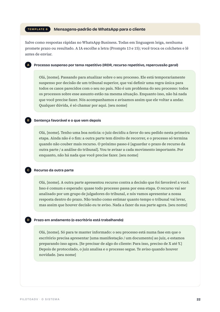Página 22 do guia: Template 6, mensagens-padrão de WhatsApp para o cliente